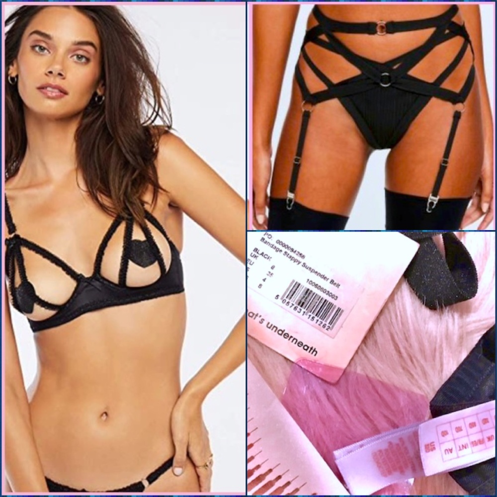 Savage x Fenty Open Cup Black Bra and Missguided O Ring Garter Belt Black 32D 4